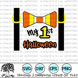 May include: A digital design for a Halloween graphic. The design features an orange and yellow bow tie, black suspenders, and the text "my 1st Halloween". Includes SVG, DXF, EPS, and PNG file formats.