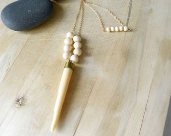32" Gold Vermeil Chain Necklace with Faux Ivory Horn (Tusk) Pendant Wire Wrapped on 14k Gold Vermeil Rosary Chain, Extra Long Necklace