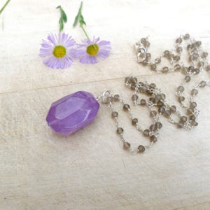 26&quot; Smoky Quartz Beaded Necklace and Amethyst Crystal Pendant Wire Wrapped On Sterling Silver Rosary Chain, Amethyst Crystal Necklace