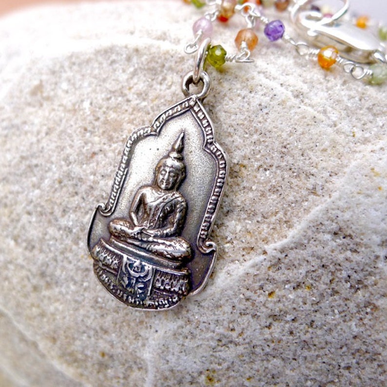 16" Multi-Colored Natural Zircon Rosary Necklace with Silver Thai Buddha Pendant on Sterling Silver Wire Wrapped Beaded Chain, Wire Wrapped bild 4
