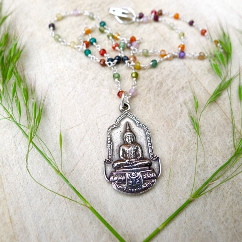 16" Multi-Colored Natural Zircon Rosary Necklace with Silver Thai Buddha Pendant on Sterling Silver Wire Wrapped Beaded Chain, Wire Wrapped bild 3