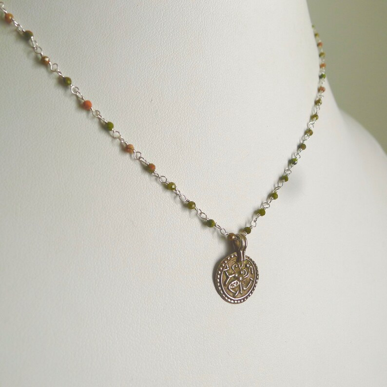 Magnetic Clasp Unakite Rosary 18 Unakite Wire Wrapped Beaded Rosary Necklace with Antique Silver Durga Pendant Vintage Shiva Pendant