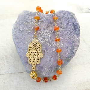 7.5&quot; Carnelian Beaded Bracelet with Gold Vermeil Filigree Hamsa Charm and Magnetic Clasp Wire wrapped on 14k Gold Vermeil Rosary Chain