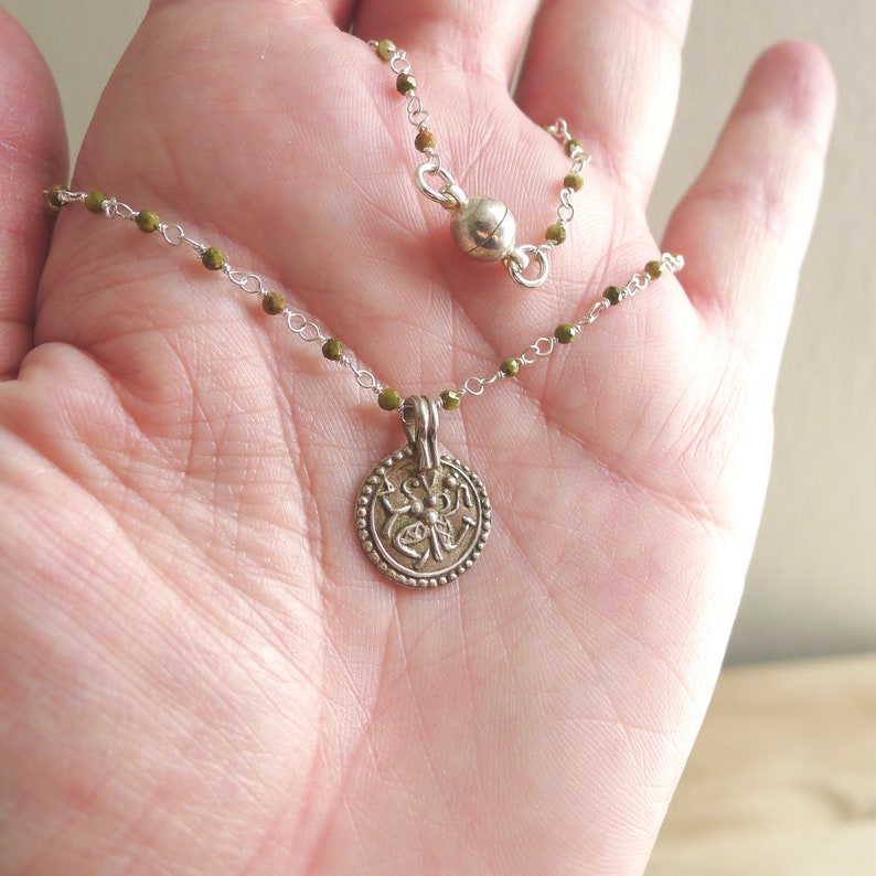 Magnetic Clasp Unakite Rosary 18 Unakite Wire Wrapped Beaded Rosary Necklace with Antique Silver Durga Pendant Vintage Shiva Pendant