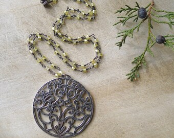 20" Lemon Topaz Necklace and Large Filigree Mandala Pendant Wire Wrapped on Oxidized Silver Rosary Chain with Magnetic Clasp