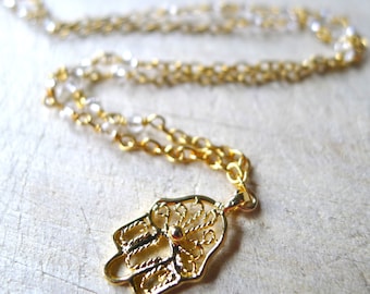 19" Sparkly Clear Crystal Necklace with Hamsa Pendant Wire-Wrapped on 14k Gold Vermeil Rosary Chain, Rosary Necklace