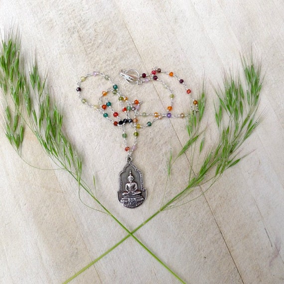 16" Multi-Colored Natural Zircon Rosary Necklace with Silver Thai Buddha Pendant on Sterling Silver Wire Wrapped Beaded Chain, Wire Wrapped