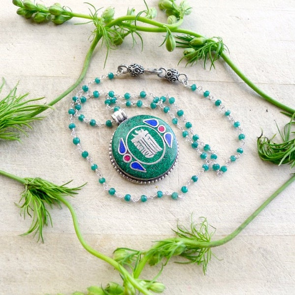 18" Natural Emerald Beaded Necklace with Tibetan Kalachakra Pendant Wire Wrapped on Sterling Silver Rosary Chain, May Birthstone Necklace