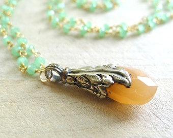 32" Sea Foam Green Chalcedony Beaded Rosary Necklace with Tibetan Teardrop Pendant Wire Wrapped on 14k Gold Vermeil Rosary Chain