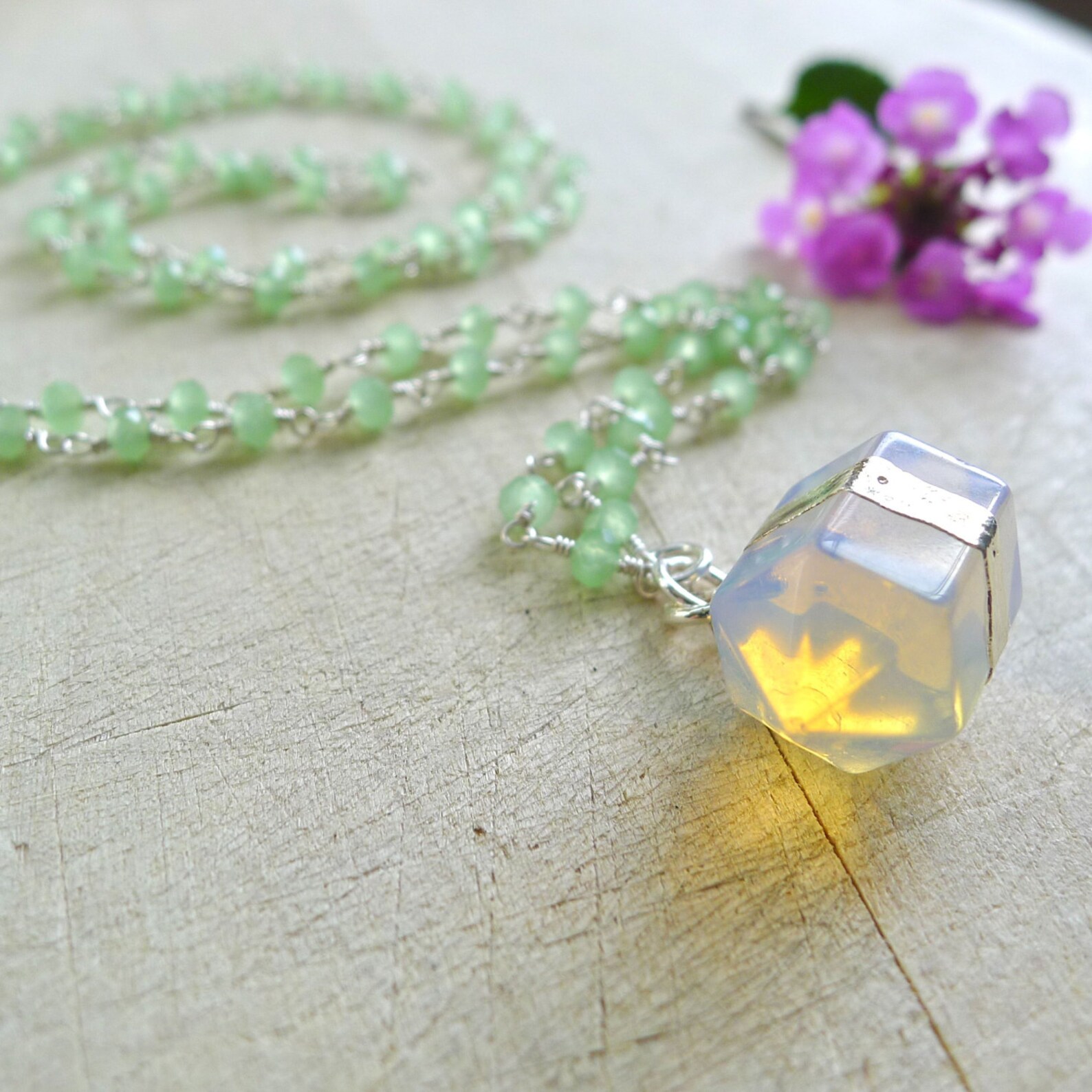 30 Sea Foam Green Chalcedony Beaded Rosary Necklace With Opalite Bullet