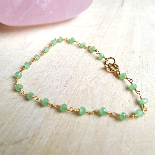 7.5" Green Chalcedony Wire Wrapped Beaded Layering Bracelet on 14k Gold-Plated Vermeil