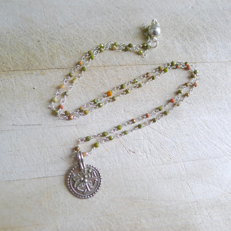 Magnetic Clasp Unakite Rosary 18 Unakite Wire Wrapped Beaded Rosary Necklace with Antique Silver Durga Pendant Vintage Shiva Pendant