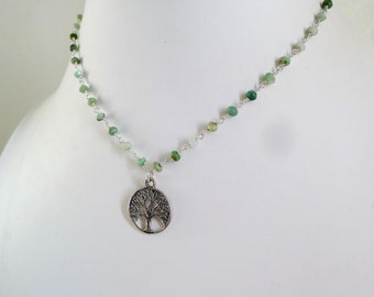 16" Chrysoprase Beaded Rosary Necklace with Tree of Life Pendant Wire Wrapped on Sterling Silver Rosary Chain, Chrysoprase Rosary Chain