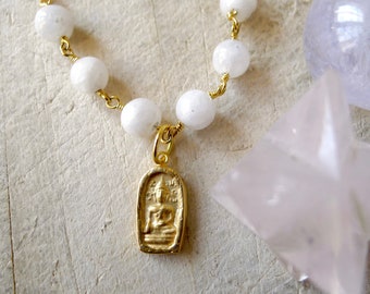 18" Moonstone Beaded Necklace with Buddha Pendant Wire Wrapped on 14k Gold Vermeil Rosary Chain, Moonstone Rosary Style Necklace, Buddha