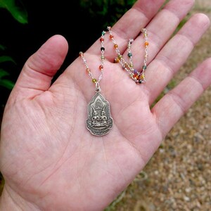 16" Multi-Colored Natural Zircon Rosary Necklace with Silver Thai Buddha Pendant on Sterling Silver Wire Wrapped Beaded Chain, Wire Wrapped bild 5
