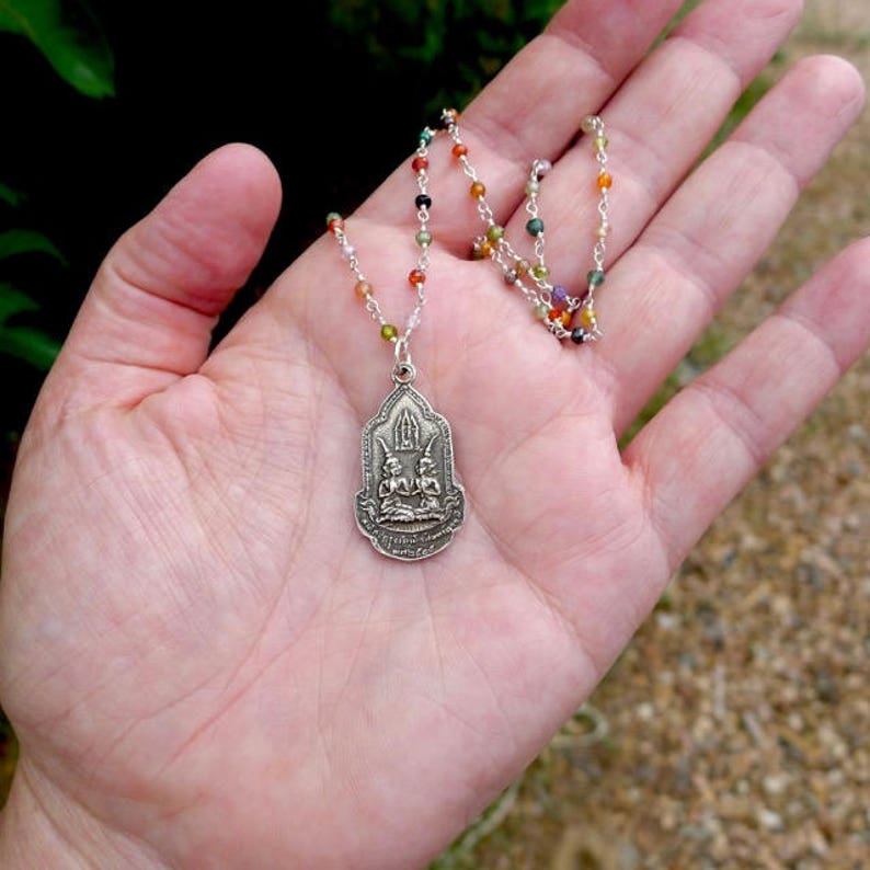 16" Multi-Colored Natural Zircon Rosary Necklace with Silver Thai Buddha Pendant on Sterling Silver Wire Wrapped Beaded Chain, Wire Wrapped bild 5