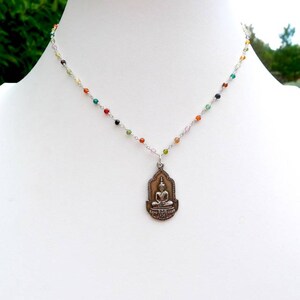 16" Multi-Colored Natural Zircon Rosary Necklace with Silver Thai Buddha Pendant on Sterling Silver Wire Wrapped Beaded Chain, Wire Wrapped bild 2