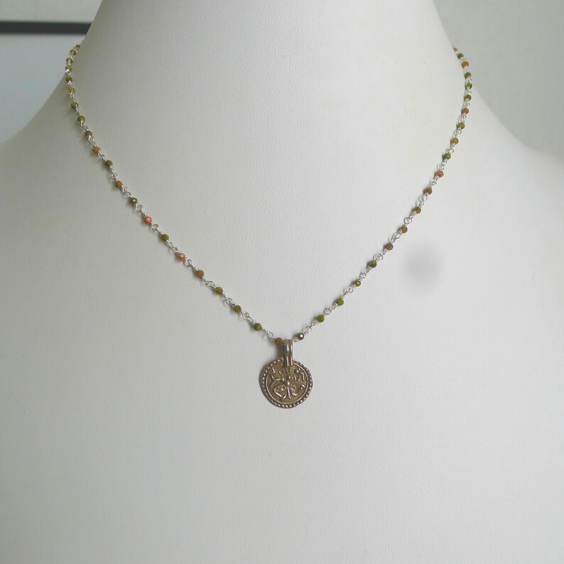 Magnetic Clasp Unakite Rosary 18 Unakite Wire Wrapped Beaded Rosary Necklace with Antique Silver Durga Pendant Vintage Shiva Pendant