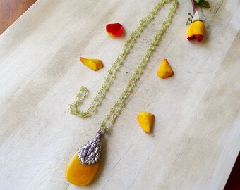 36" Peridot Beaded Rosary Bracelet with Large Yellow Resin Tibetan Teardrop Pendant, Rosary Style Peridot Wire Wrapped Beaded Chain
