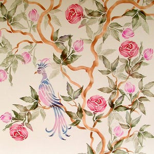 May include: Watercolor painting of a tree with pink roses, buds, and green leaves. A stylized bird with blue and pink feathers perches on a branch. The branches are brown, and the background is a light beige.