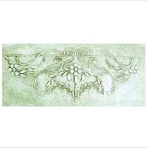 May include: A rectangular, light green relief sculpture featuring a floral design. The artwork showcases stylized flowers, leaves, and curved lines, creating an Art Nouveau aesthetic. The relief is mounted on a textured background.
