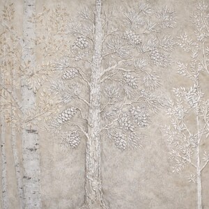 May include: A textured artwork featuring a forest scene with detailed relief. The central focus is a white pine tree with visible pine cones, set against a neutral beige background. Other trees, including birch, are also depicted.