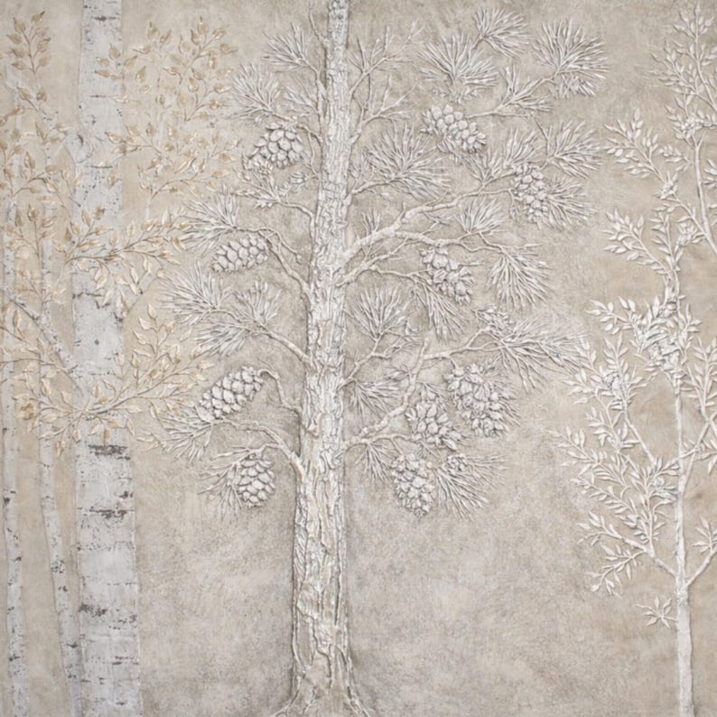 May include: A textured artwork featuring a forest scene with detailed relief. The central focus is a white pine tree with visible pine cones, set against a neutral beige background. Other trees, including birch, are also depicted.