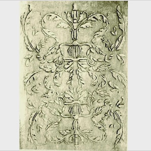 May include: A rectangular, textured, off-white surface features a symmetrical, embossed design. The design includes stylized floral and foliate elements, with symmetrical arrangements of leaves, vines, and decorative urn-like shapes. The overall aesthetic is classical and ornate.