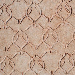 Puede incluir: Primer plano de una superficie beige texturizada con un patr&oacute;n repetitivo de formas florales o de hojas estilizadas e interconectadas. El dise&ntilde;o est&aacute; en relieve, creando un sutil efecto de relieve.