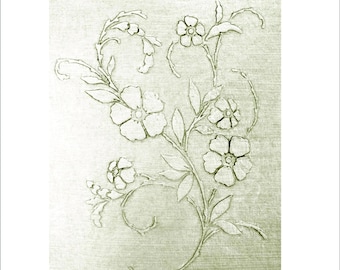 Peut inclure: Motif floral détaillé en vert clair, avec des fleurs à cinq pétales et des feuilles. L'œuvre présente une texture délicate en relief, créant une esthétique subtile et élégante. Le design rappelle les illustrations botaniques.