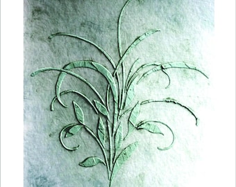 May include: A textured, pale green artwork featuring an embossed botanical design. The design includes stylized leaves and long, curved stems, creating a delicate, natural aesthetic. The background has a subtle, mottled appearance.