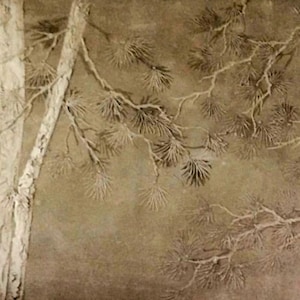 May include: A sepia-toned artwork depicting a forest scene. Two tree trunks are visible on the right and left sides, with textured bark. Pine branches with needles extend across the frame, creating a sense of depth and natural beauty.