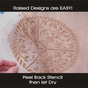 Puede incluir: Un est&eacute;ncil con un dise&ntilde;o floral se est&aacute; despegando, revelando el patr&oacute;n en relieve debajo. El texto dice "Raised Designs are EASY!" y "Peel Back Stencil then let Dry".