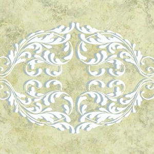 May include: An oval-shaped design featuring a white floral pattern with intricate details. The design is set against a textured, light-yellow background, creating a vintage or antique aesthetic. The floral elements include leaves and swirls.