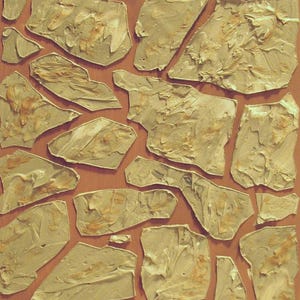 May include: Abstract artwork featuring a collection of irregularly shaped, textured forms in shades of beige and tan, resembling stone or stucco. The forms are arranged on a reddish-brown background, creating a mosaic-like pattern.