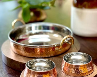 Hammered Copper and Steel Casserole Styled Kadai platter and Dip Bowls with a Wooden Serving Base