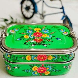 Hand Painted Enamelware Stainless Steel 2 tier Lunch Box (Green)