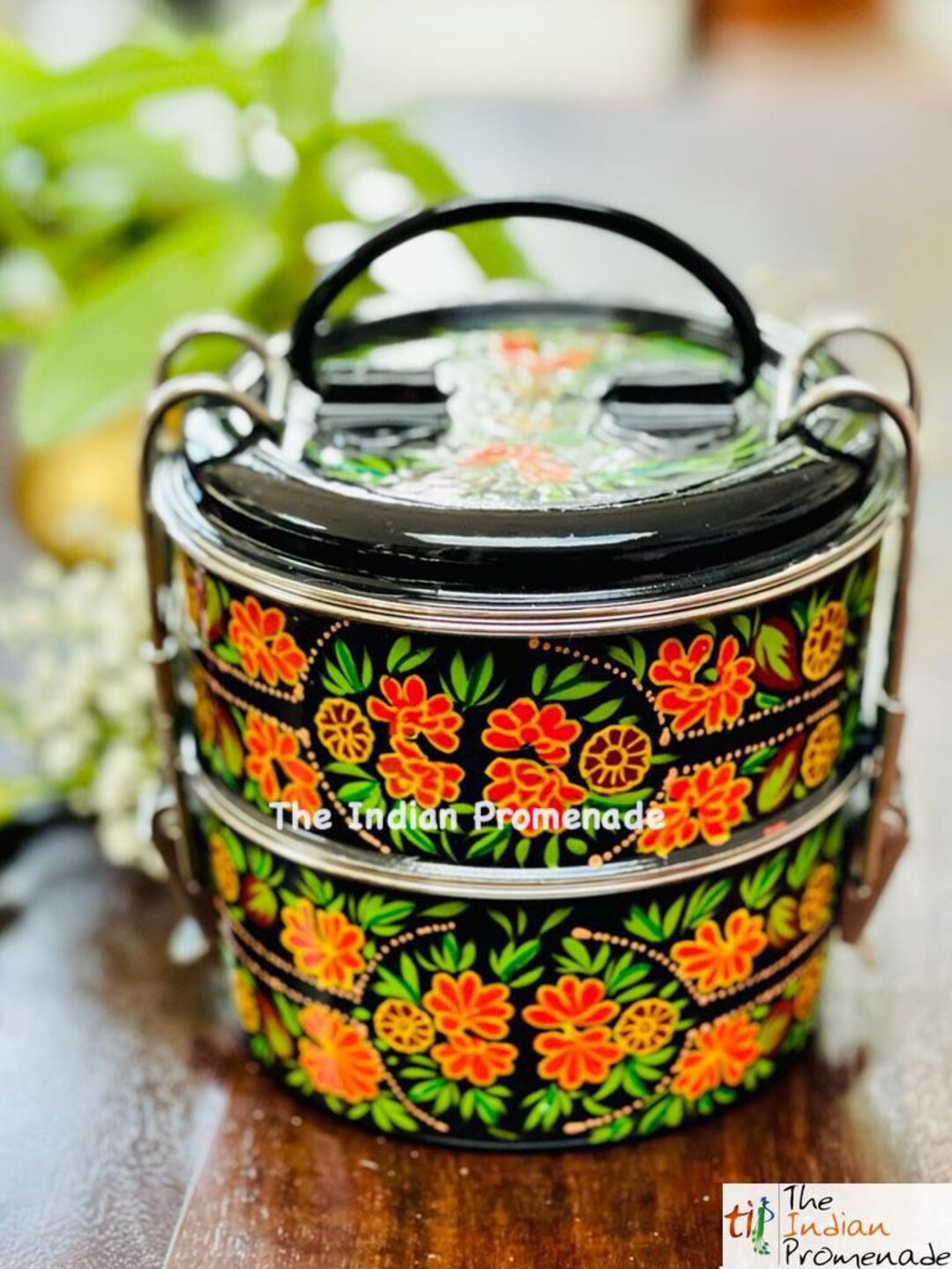 Pink - Kashmir Enamelware Floral Handpainted Stainless Steel 2 Tier Tiffin Box 16