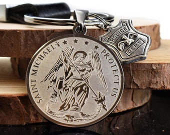 Saint Michael Police Protection Keychain: Stainless Steel Medal, Police Officer Gift