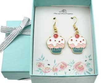 Cupcake earrings. Cupcake jewelry. Cupcake gifts. Cupcake dangle.  Earrings hypoallergenic dangle. Gift for her. Sensitive ears.