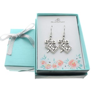 For Sale Sold Earrings in Silver Toned Metal.  Real Estate Jewelry.  Gift for Real Estate Agent Silver Earrings. New house. House Warming.