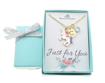Personalized Unicorn Necklace: Initial & Birthstone Charm, Girls Jewelry