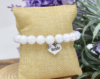 White Beaded Wedding Bracelet. Bridal Party Charm Bracelet.