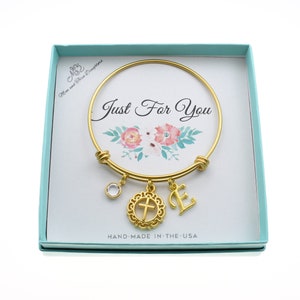 First Communion Bangle Bracelet: Gold Cross, Initial, Birthstone