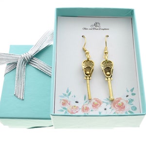 24K Gold Lacrosse Stick Earrings: Pewter Charm, Stainless Steel Wires
