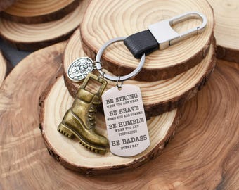 Engraved United States Army Keychain: Bronze Boot, Stainless Steel Tag