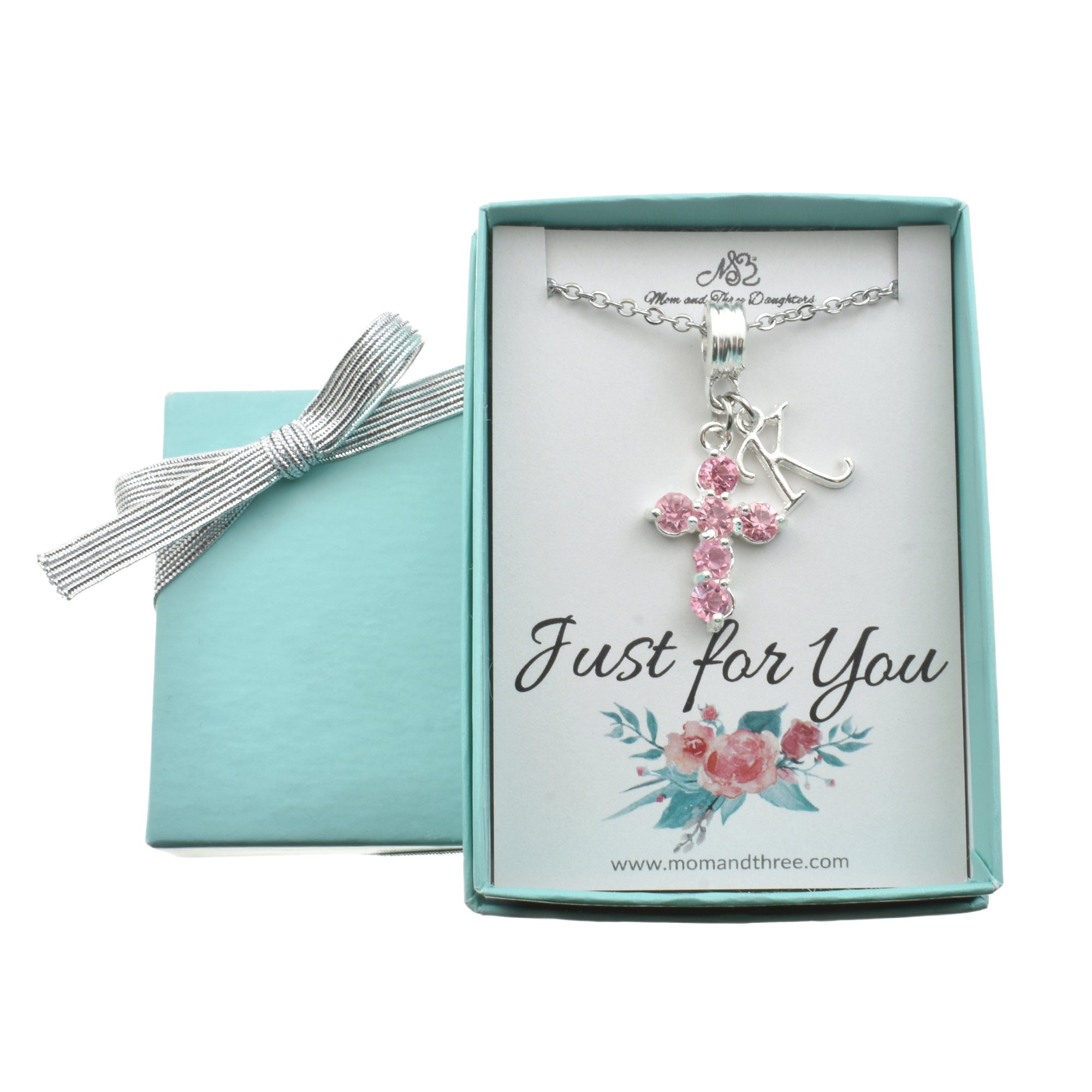 Personalized Crystal Birthstone and Initial Cross Necklace. First Communion Gift. Confirmation Gifts. Custom Jewelry.