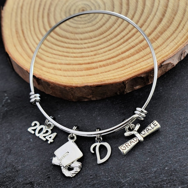 Little Girl's Kindergarten Graduation Bangle Bracelet Personalized with Initial. 2024 Graduation Gift. Preschool. Nursery School.