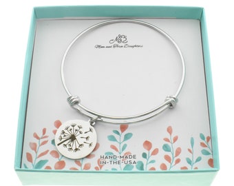 Sterling Silver Dandelion Charm on a Stainless Steel Bangle Bracelet. Army child. Army Wife. Dandelion Flower. Gift for Her. Military Gift.