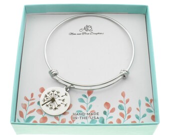 Sterling Silver Dandelion Charm Bangle Bracelet- Mother Bracelet Gift